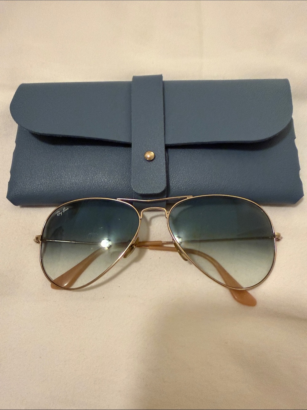 Ray-Ban Blue Gold Aviators Pouch with Snap Closure